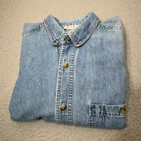 Vintage Skyr‎ Shirt Men Extra Large Blue Denim Western 80s Hong Kong Button Jean - Picture 1 of 16